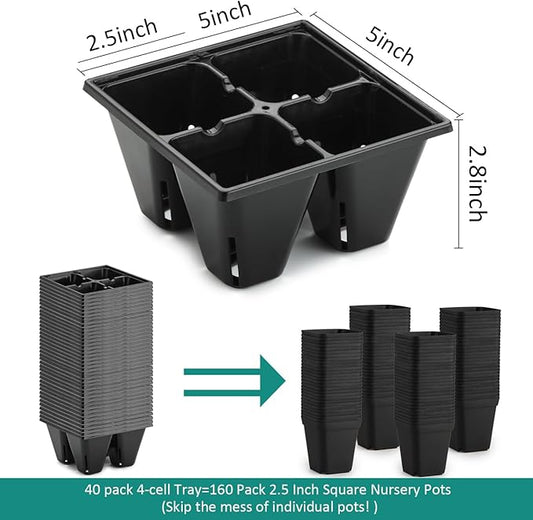 40 Pack Reusable 4-Cell Seed Starter Tray for Seedlings, Deep Large Cell Plant Starter Trays with Drainage Holes for Seed Germination, Easy Transplant, Fits Standard 1020 Flats, Black