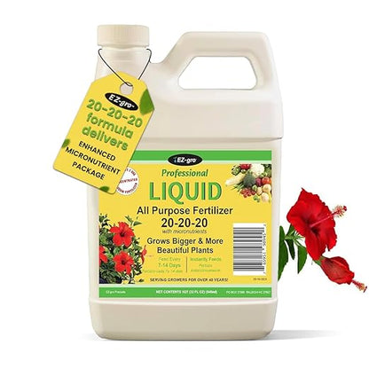 EZ-GRO 20 20 20 All Purpose Fertilizer - All Purpose Liquid Plant Food - Lawn, Flowers, Herbs, Vegetables - Best Way to Grow Healthy Plants - Garden-Growing Miracle Nutrients - 1 Qt / 32 fl oz