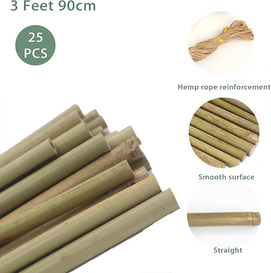 Natural Bamboo Stakes for Plants (25-Pack), 3 Feet Eco-Friendly Garden Stakes for Tomatoes, Vines, Flowers, Climbing Vines, and Outdoor Plants