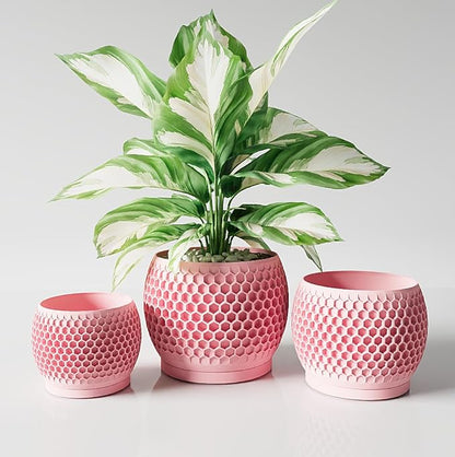 Plant Pots, Modern 3D Printed Honeycomb Planters for Indoor Plants, 4.7/6/8 Inch Cherry Pink Decorative Flower Pot for Office Desktop, Bookshelf & Home Decor, Lightweight & Durable.