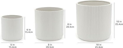 Amazon Basics Assorted Sizes Fluted Ceramic Round Indoor Outdoor Planters with Drainage Hole, Set of 3, Modern Design, 6 inch, 8 inch, 10 inch, White, Succulent Flower Pots