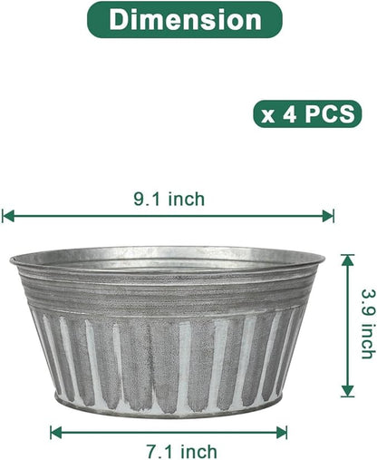 vensovo 9 Inches Silver Metal Rustic Plant Pots - 4 Pcs Large Shallow Galvanized Planters with Drain Hole and Rubber Plug, Rustproof Tin Bucket Succulent Pot Indoor Farmhouse Vintage Style for Decor