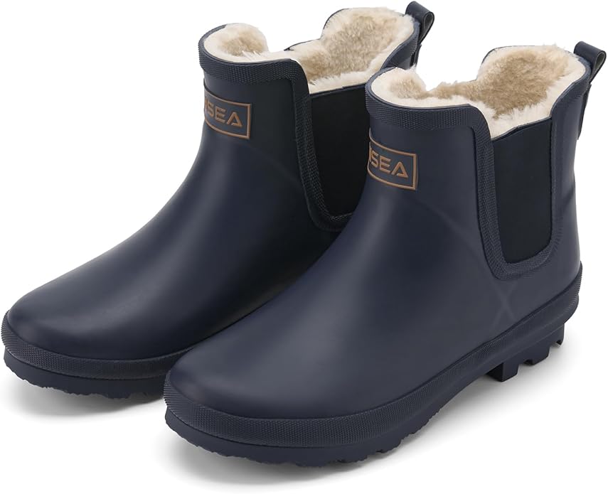HISEA Women's Plush Rain Boots Waterproof, Chelsea Rubber Booties Women, Ladies Ankle Snow Boots for Winter Spring Garden Outdoor