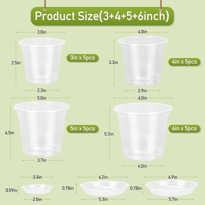 3/4/5/6 Inch Clear Nursery Pots with Drainage Holes and Saucers, 20 Pack Clear Plastic Plant Pot, Plant Pot Seed Starter Pots for Succulents