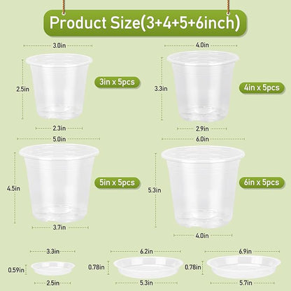 3/4/5/6 Inch Clear Nursery Pots with Drainage Holes and Saucers, 20 Pack Clear Plastic Plant Pot, Plant Pot Seed Starter Pots for Succulents