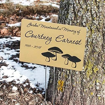 Outdoor Metal Garden Sign, Label, or Memorial. 4 x 2" or 6 x 4" sign with rounded corners and a 10" stake. Materials Include: Stainless Steel, Brass, Copper, Bronze and Titanium. (Brass, 4 x 6")