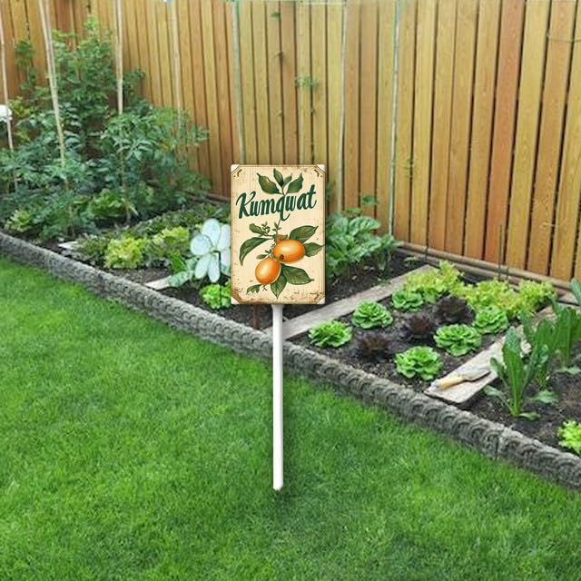 Uptell Vintage Aluminum Kumquat Fruit Signs Yard Sign with Stake for Garden Fruit Garden Label Stakes Plant Markers for Outdoor Plants Waterproof 7x8.8 inch