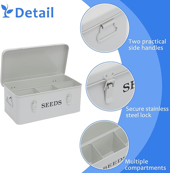 Seed Storage Box, Metal Seed Bin Seed Storage Organizer, 4 Dividers Seed Container with Safety Lock, Seed Box with Professional All-in-one Kit, White