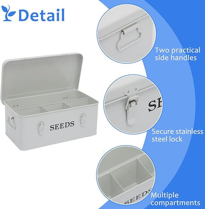 Seed Storage Box, Metal Seed Bin Seed Storage Organizer, 4 Dividers Seed Container with Safety Lock, Seed Box with Professional All-in-one Kit, White
