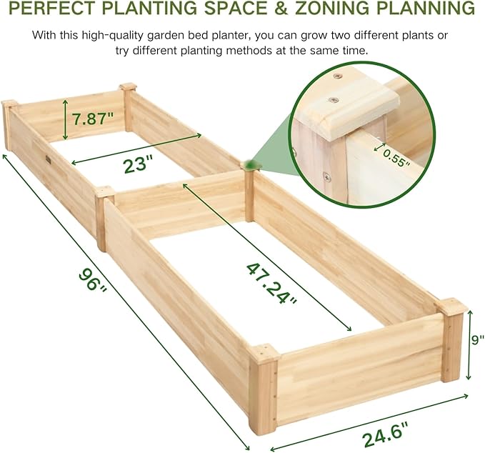 8x2ft Outdoor Wooden Raised Garden Bed,Elevated Planting Planter Box for Vegetables/Garden/Lawn/Patio,Natural Wood, 96 x 24 x 9in