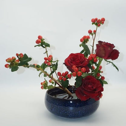 Water Lotus Bowl Planter Kit - Japanese Compote Bowl Ikebana Vase Set w/ 1.8" Floral Frog- Ideal for Ikebana, Flower Arrangement & Hydroponic Planting (Blue)