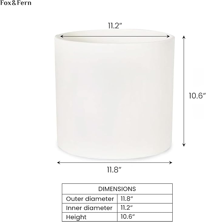 Fox & Fern Large 12 Inch Plant Pot with Drainage Plug — Premium Polystone Matte White Planter; Large Indoor & Outdoor Planter; 12 Inch Pots for Plants; Weather Resistant & UV Resistant