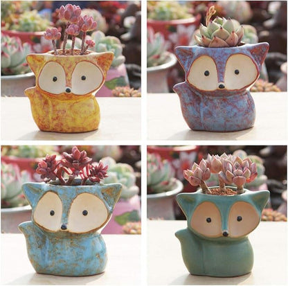 4 Pack Cute Fox Shape Ceramic Succulent Plant Pots Cactus Plant Pot Flower Pot with A Hole for Home & Office Decor