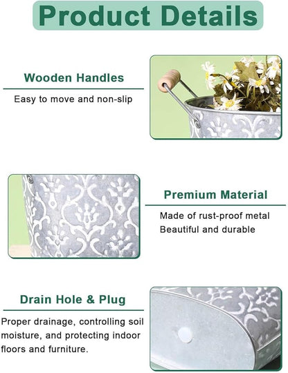 Galvanized Metal Oval Planter Buckets with Handles – Set of 3 Rustic Farmhouse Flower Tubs with Drain Holes & Plugs, Vintage Small Pots for Herbs, Succulents, Wedding or Tabletop Decor (Flower style)