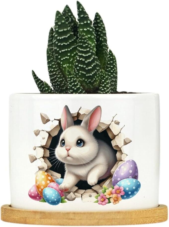 Cute Easter Bunny Break Through Eggs Ceramic Pots for Plants with Drainage Holes Round Flower Pot Bamboo Tray Orchid Pot Succulents Pots for Outdoor Indoor Plants