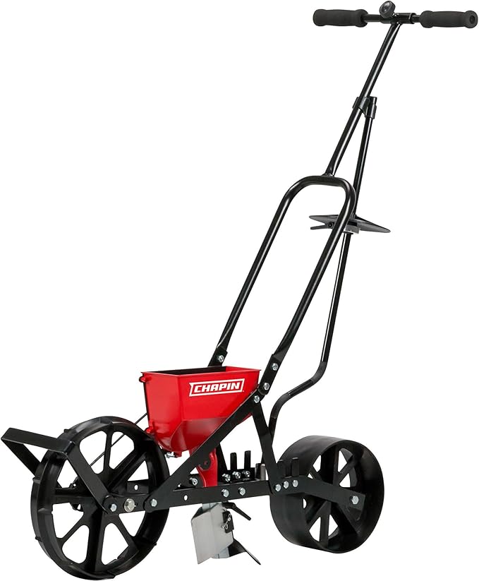 Chapin 8701B Garden Push Seeder Planter with 6 Seed Plates for up to 20 Varieties of Seeds, Zinc Plow Blade, Row Marker, Powder Coated Steel Frame, Red/Black