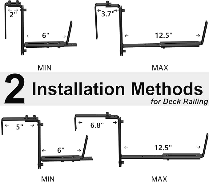 Y&M 4 Pcs Deck Railing Adjustable Planter Box Brackets (6 to 12.5 in), Universal Heavy Duty Iron Flower Box Brackets Wall Mounting Hooks for Fences, Patio, and Garden - Black (Patent Registered)