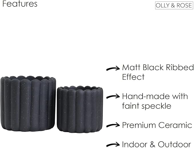 Olly & Rose iOS Vertical Striped Ribbed Plant Pot - Charcoal Speckled Ceramic Planters - 6.6 + 5 Inch Indoor and Outdoor Flower Pots Home Decor (Black Ribbed)