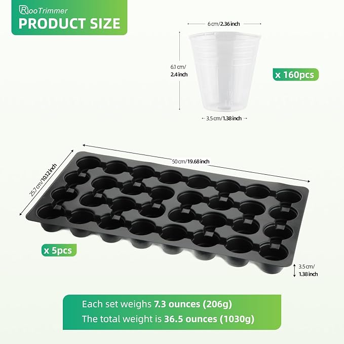 5-Pack 32 Cell Seedling Trays & 160 Pack 2" Soft Clear Nursery Pots -Thickened Durable Plant Starter Kit for Seed Germination (5 Sets)