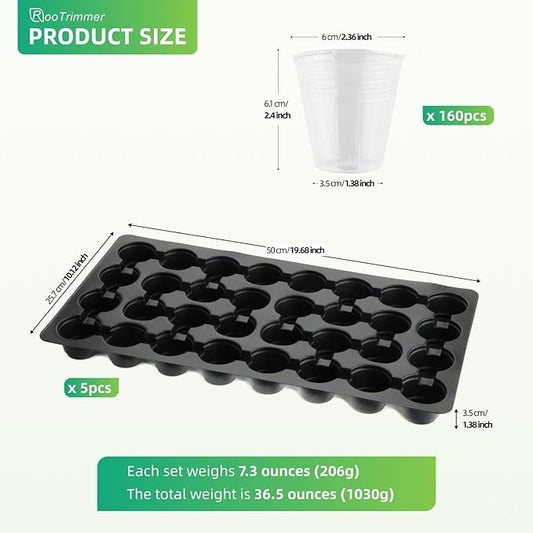 5-Pack 32 Cell Seedling Trays & 160 Pack 2" Soft Clear Nursery Pots -Thickened Durable Plant Starter Kit for Seed Germination (5 Sets)