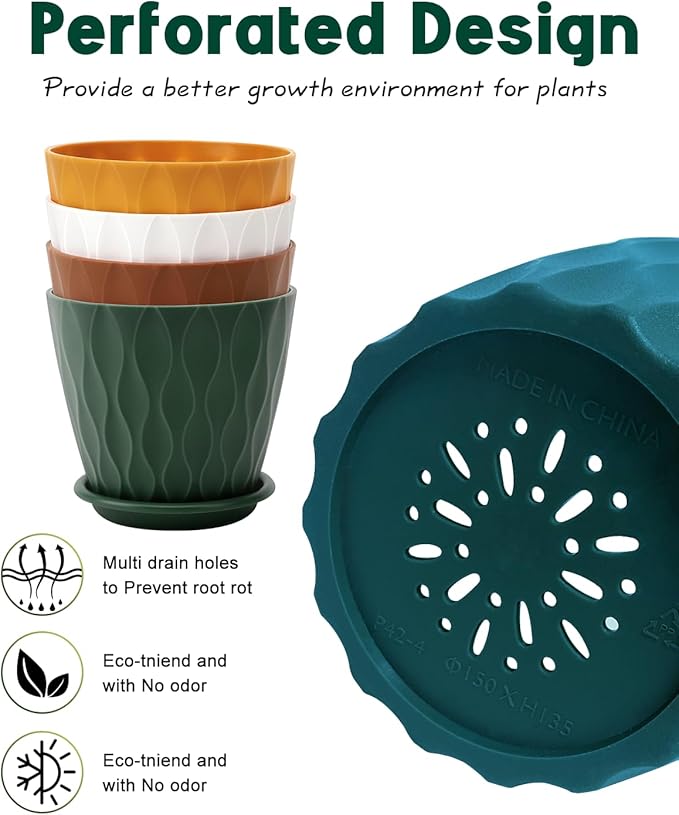 4 Inch Plastic Planter Pots with Drainage Holes & Saucers, Indoor/Outdoor Flower Pots for Plants, Succulents, Herbs, 5 Pack Set