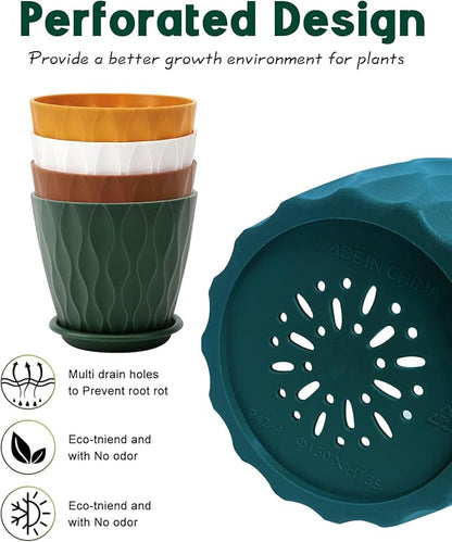 4 Inch Plastic Planter Pots with Drainage Holes & Saucers, Indoor/Outdoor Flower Pots for Plants, Succulents, Herbs, 5 Pack Set