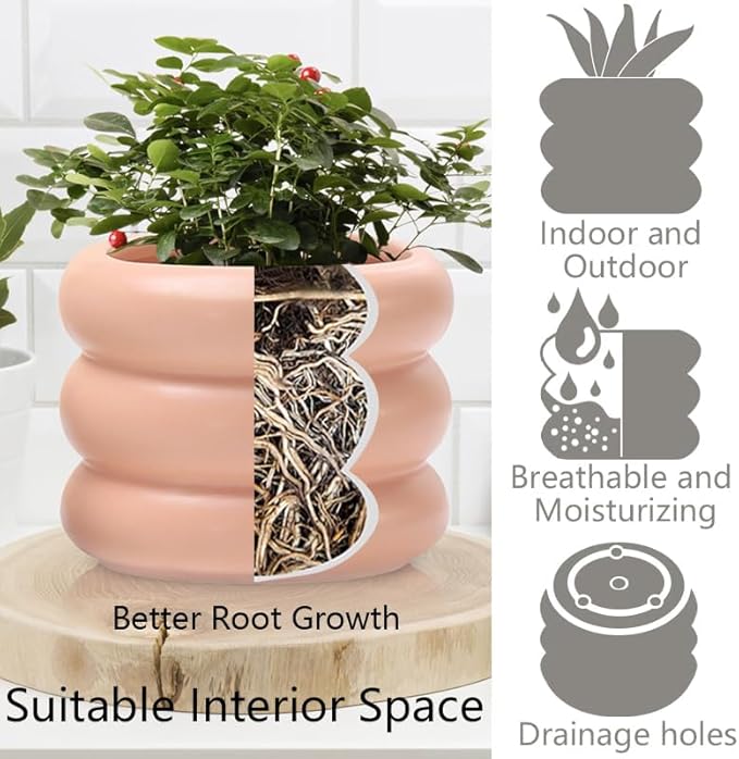 6.5 Inch Modern Plant Pot Pink Ceramic Glaze Succulent Planters for Indoor Unique Pots, Planter with Drainage Holes Small Cute Bubble Porcelain for Herb Snake Plants