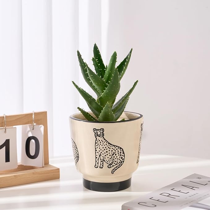 5 Inch Ceramic Planters for Indoor Plants, Funny Small Plant Pots with Drainage, Unique Decorative Cute Flower Pot Panthers Round Flowerpots