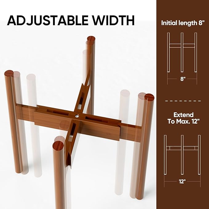 MUDEELA Plant Stand for Indoor Plants: Adjustable Width Fits 8–12 Inch Pots - Mid Century Modern Bamboo Plant Stand - 14.5 Inch Single Tier Small Floor Plant Holder, Dark Brown, 1 Pack (Without Pot)