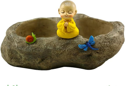 Fantasee Succulent Pot, Small Garden Pots with Drainage Hole, Resin Plants Flower Pots Miniature Ornaments for Home Office Decor (Stone - Little Monk)