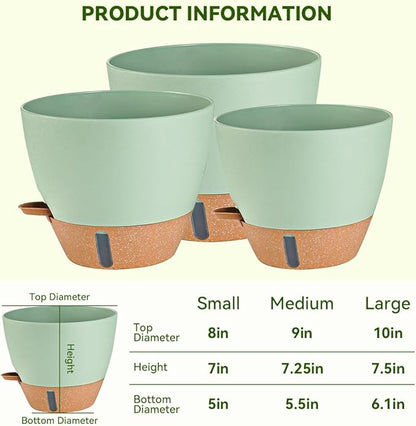8/9/10 Inch Large Self Watering Pots, Plastic Flower Pots with Multi Mesh Drainage Holes and Water Level Indicator & Deep Reservoir for Indoor Outdoor Garden Plants and Flowers (Green)