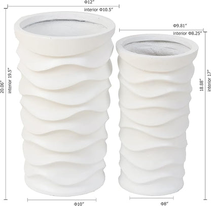 LuxenHome Tall Planters for Outdoor Plants, Set of 2 Indoor Outdoor Garden Plant Pots with Drainage Hole and Rubber Plug, Modern White Waves Flower Pot Concrete Planters for Home Garden Patio Porch