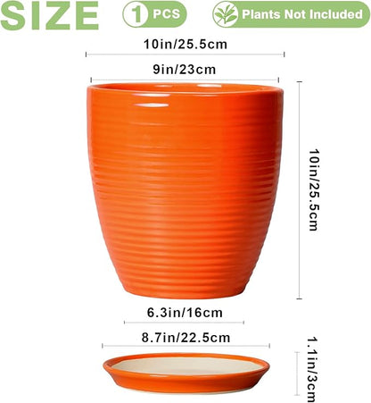 Ceramic Planter - 10 Inch Plant Pot for Indoor Outdoor, Modern Planters with Drainage Hole and Saucer, Round Large Plant Pot, Patio Room House Decor, House Warming Gifts, Orange
