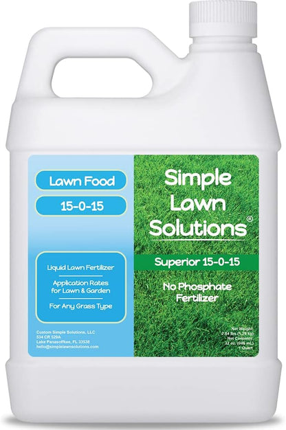 Superior 15-0-15 Liquid Fertilizer Nitrogen & Potash Lawn Food - Concentrated Spray- Any Grass Type- Simple Lawn Solutions Green, Growth - Humic Acid - Kelp Seaweed - Phosphorus-Free (1 Quart)