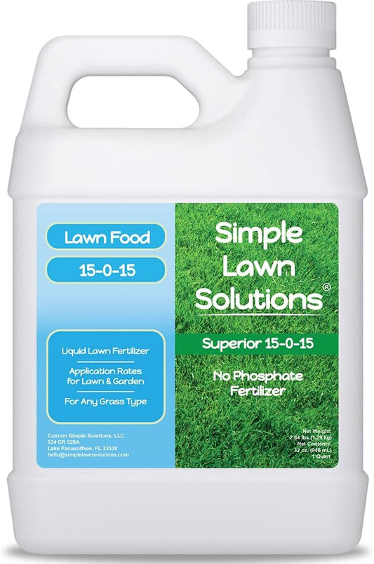 Superior 15-0-15 Liquid Fertilizer Nitrogen & Potash Lawn Food - Concentrated Spray- Any Grass Type- Simple Lawn Solutions Green, Growth - Humic Acid - Kelp Seaweed - Phosphorus-Free (1 Quart)