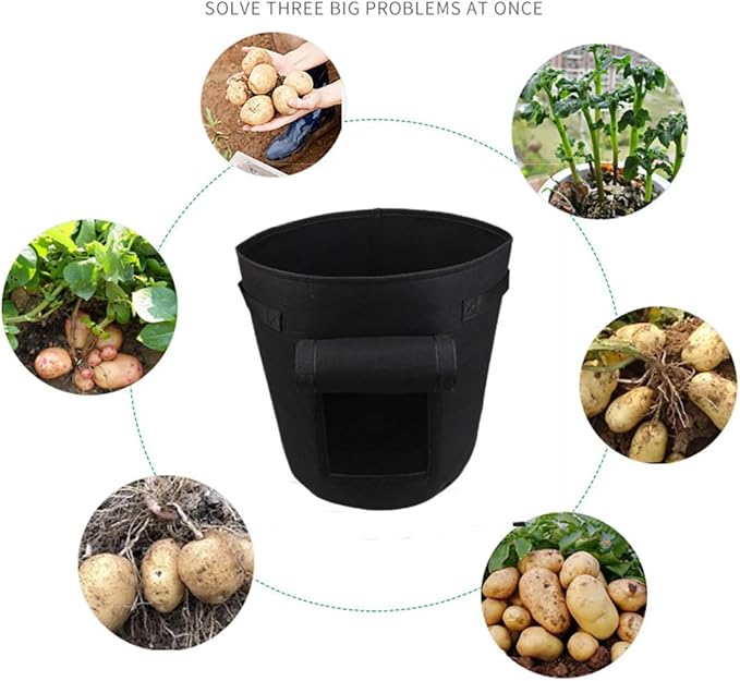 Ulalaza 5PCS Potato Grow Bags with Flap Plant Grow Bags Fabric Multi Ribbon Potato Bag Tomato Vegetable Growth Non-Woven Felt Planting Bag Transparent