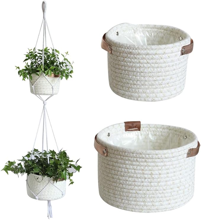 Tiered Macrame Hanging Planter One-Piece Cotton Woven Rope Flower Pots,Indoor Outdoor Home Decor Waterproof Lining Hydroponic Plant Baskets Pots-Glitter White