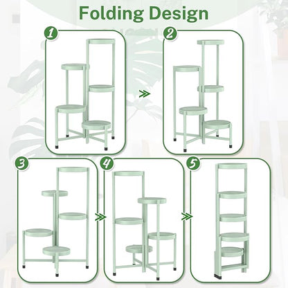 iDavosic.ly Plant Stand Indoor Outdoor, 5 Tier Corner Metal Flower Display Holder Shelf, Easy Assembly Folding Tall Orchid Rack for Patio Balcony Porch Garden Living Room House, Light Green