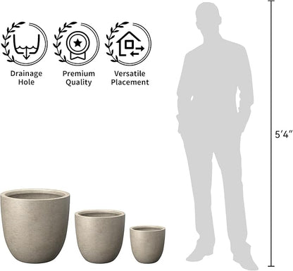Kante Round Concrete Planter Set of 3, Large Outdoor Indoor Plant Pots with Drainage Hole, 10/14/18-Inch Diameter Flower Pots for Patio, Garden and Home, Weathered Concrete