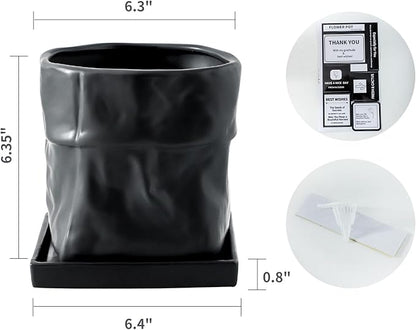 Nihow Ceramic Plant Pot: 6 Inch Planter with Drainage Hole & Square Saucer for Herbs/Plants, Bag Shape Design Flower Pot for Indoor & Outdoor Garden Decor - Black
