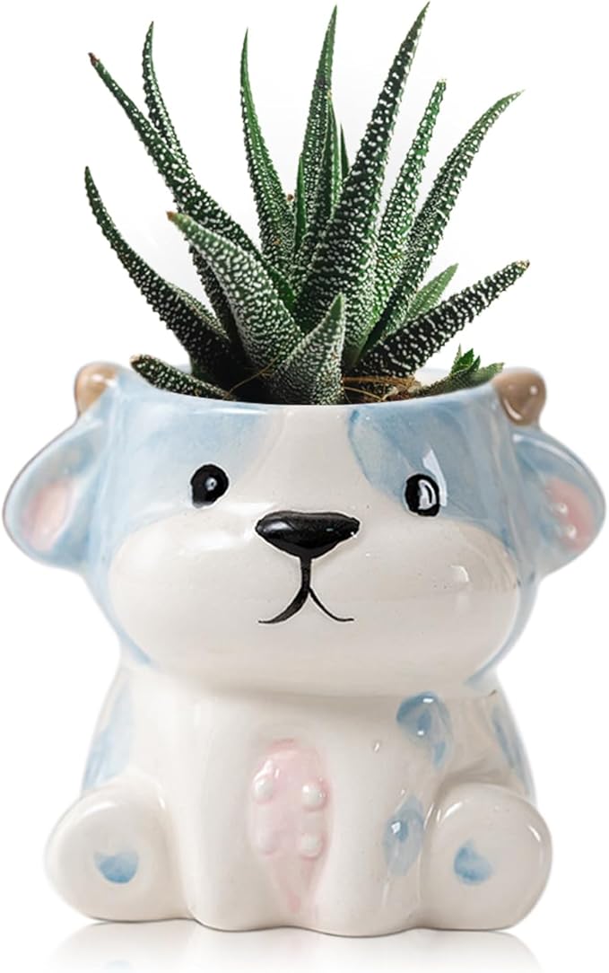 DIYOMR Cute Animals Planter, Mini Ceramic Cartoon Animal Shaped Succulent Flower Pot Indoor Air Plants Holder, Smooth Shiny Decorative Flower Cactus Planter - Plants Not Included (Cow)