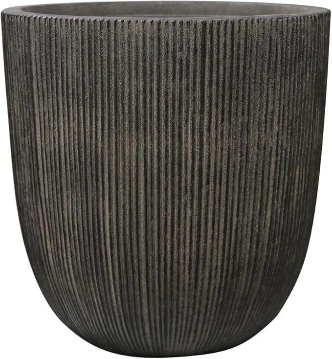 Vintage Black Cement-Look Ribbed Planter, 14.8"H Tall Tapered Egg-Shaped Plastic Plant Pot with Drainage Hole & Plug, Large Modern Indoor Outdoor Flower Pot for Home, Garden, Patio and Houseplants