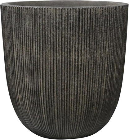 Vintage Black Cement-Look Ribbed Planter, 14.8"H Tall Tapered Egg-Shaped Plastic Plant Pot with Drainage Hole & Plug, Large Modern Indoor Outdoor Flower Pot for Home, Garden, Patio and Houseplants