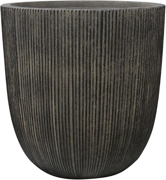 Vintage Black Cement-Look Ribbed Planter, 14.8"H Tall Tapered Egg-Shaped Plastic Plant Pot with Drainage Hole & Plug, Large Modern Indoor Outdoor Flower Pot for Home, Garden, Patio and Houseplants