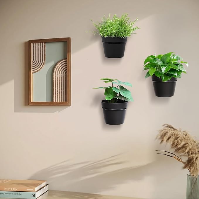 3 Pack Wall Hanging Planters Indoor Outdoor 6.3 Inch Self-Watering Flower Pots with Leak-Proof Drainage Iron Brackets Hanging Basket Room Garden Decor(Black)