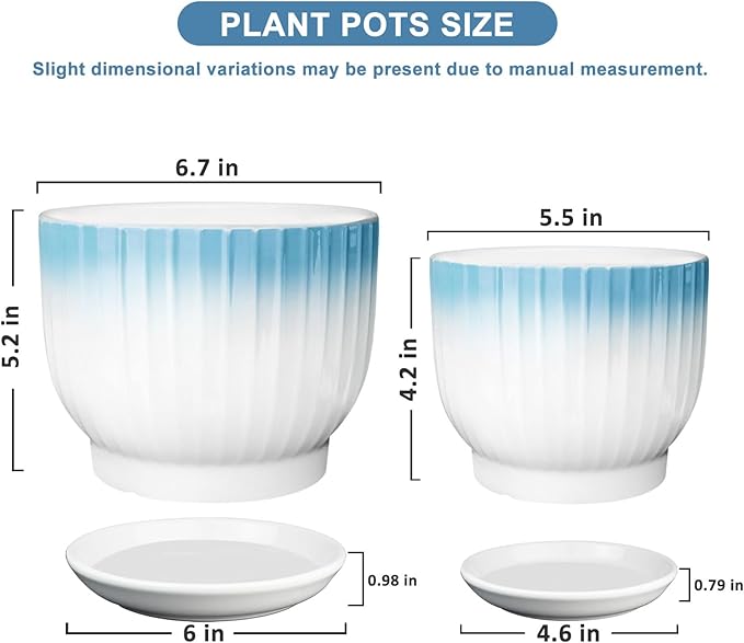 6.7 + 5.5 Inch Ceramic Plant Pots,Planters with Drainage and Saucer,Indoor Pots for Plants,Modern Flower Pots for Home and Office（Blue + White）