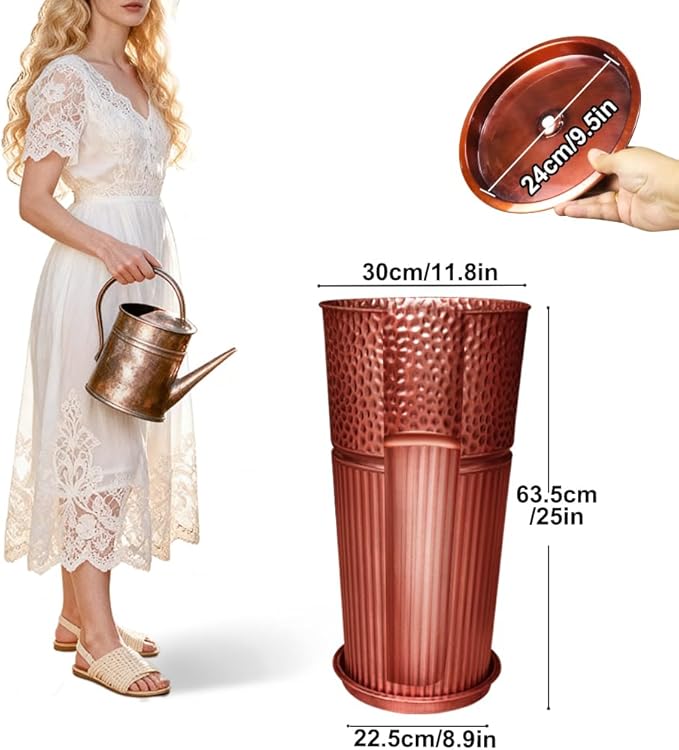 2 Pcs Pack Metal Tall Tapered Planter Pots Large Round Planter Flower Pot with Drainage Holes for Indoor Outdoor Deck Porch Garden Home Patio Front Door (Glossy Copper, Medium)