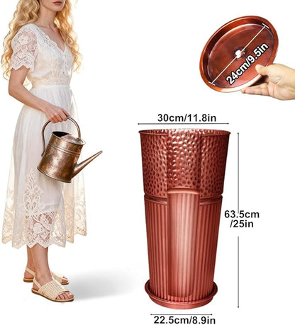 2 Pcs Pack Metal Tall Tapered Planter Pots Large Round Planter Flower Pot with Drainage Holes for Indoor Outdoor Deck Porch Garden Home Patio Front Door (Glossy Copper, Medium)