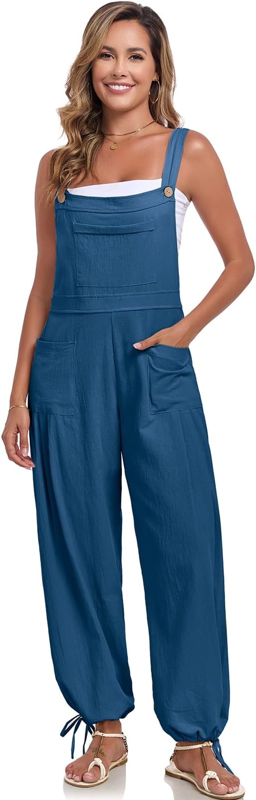 ALSOGO Womens Wide Leg Overalls Loose Beach Vacation Outfits Jumpsuits 2025 Causal Sleeveless Rompers with Pockets
