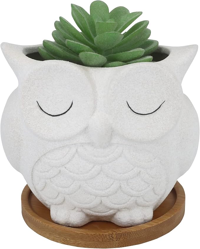 Cute Owl Succulent Planter Pot with Drainage Tray, Large White Ceramic Flower Cactus Container, Animal Shaped Indoor Air Plants Holder